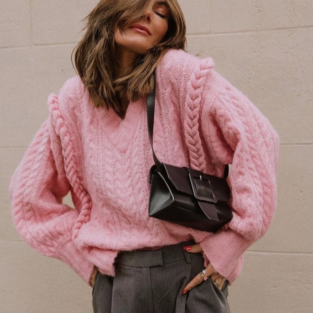 Zara oversized pink braided v neck sweater small - Picture 3 of 11